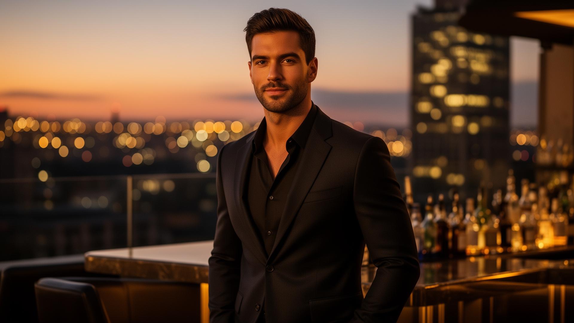 Confident man at upscale rooftop bar